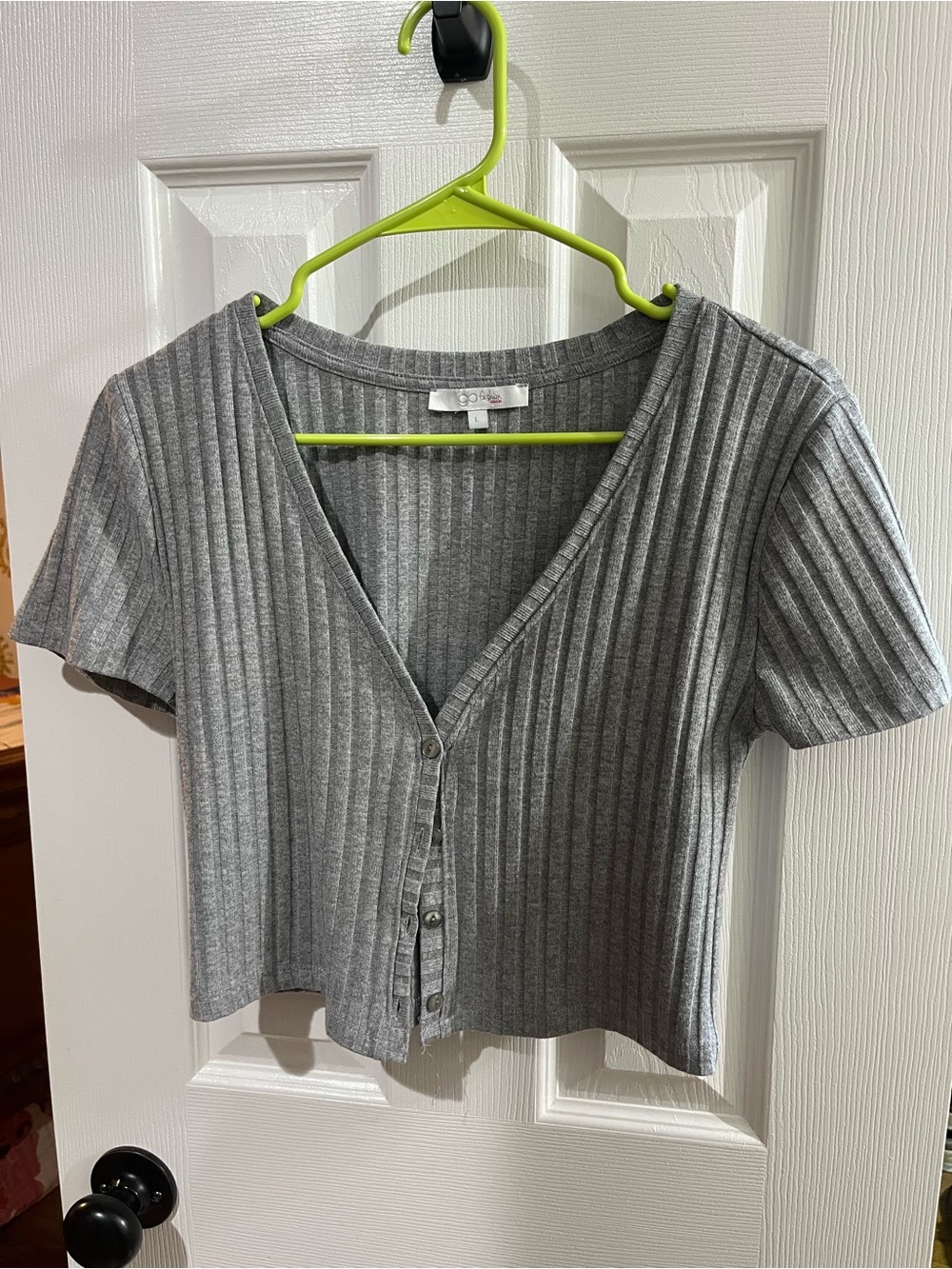 SO Gray Ribbed V-Neck Button Crop Top